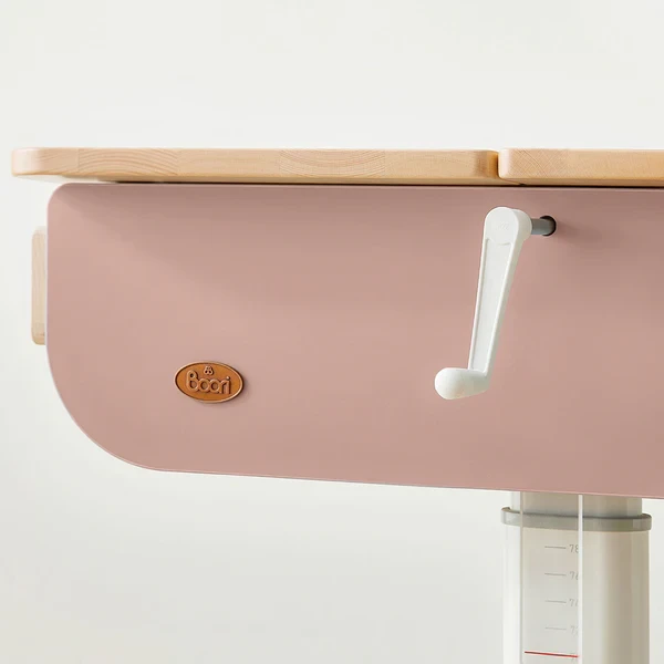 Hand-crank height adjustment mechanism mounted beneath a wooden desktop Hand-crank height adjustment mechanism mounted beneath a wooden desktop
